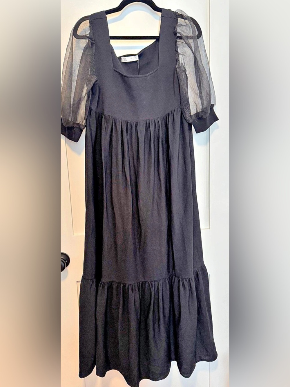 Zara Puff Sleeve Tiered Dress Black Puff Sleeve Maxi Dress Size Large NWT